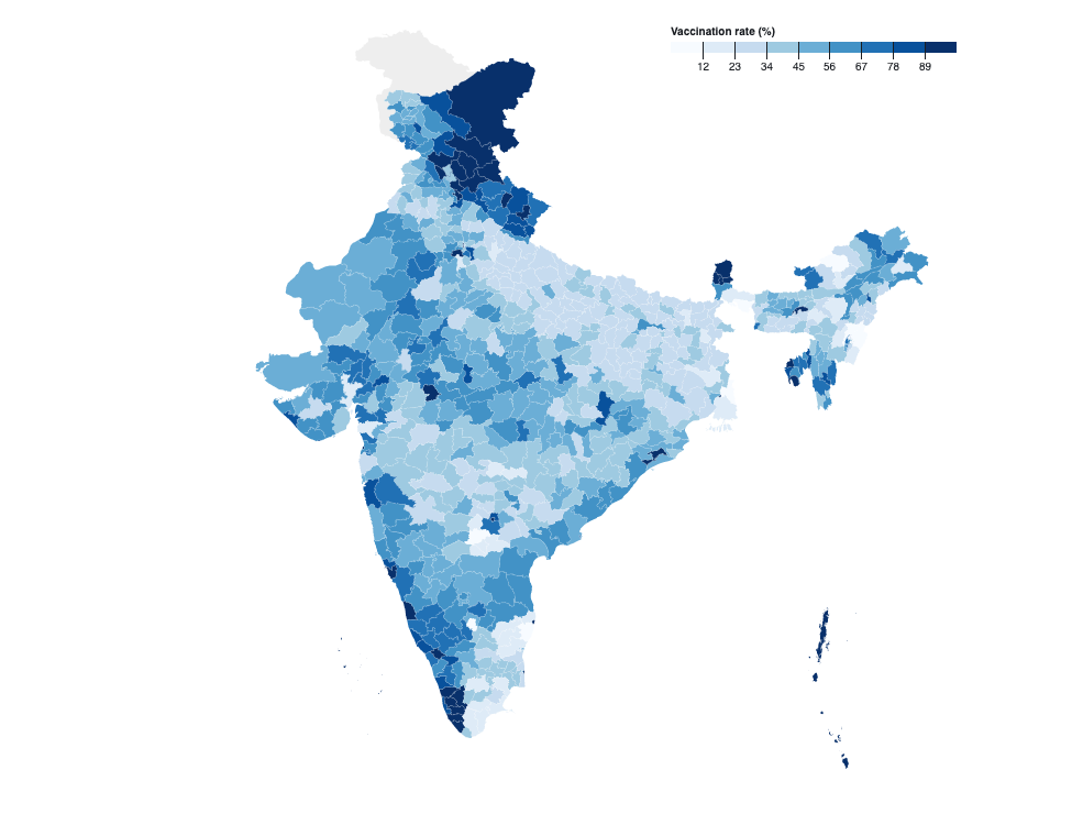 Choropleth map of India shaded by district.